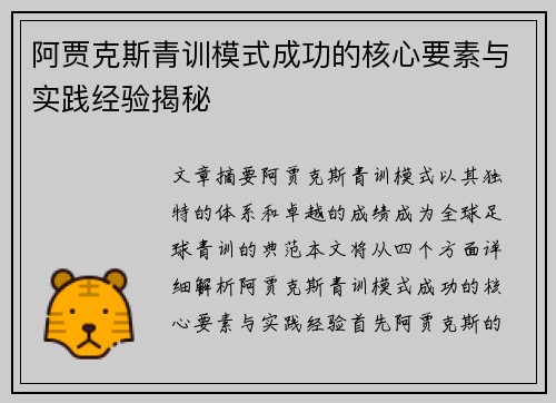 阿贾克斯青训模式成功的核心要素与实践经验揭秘